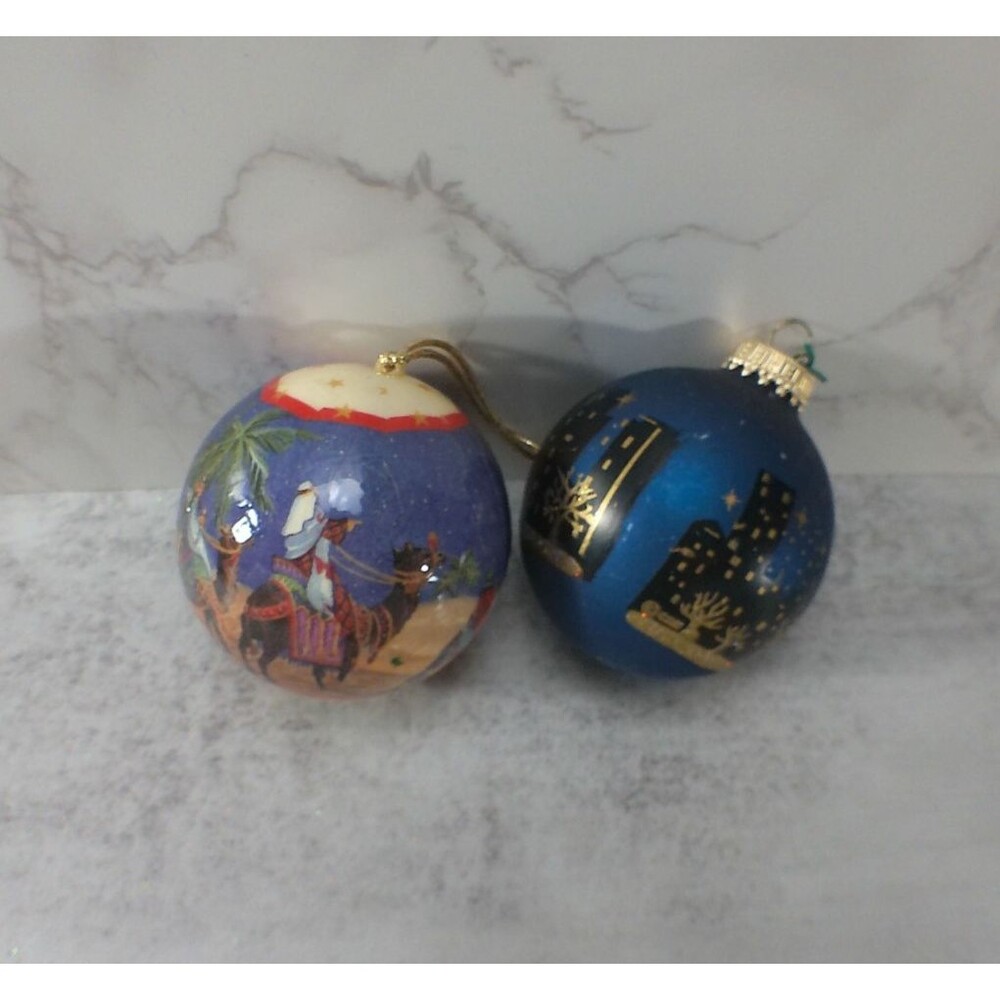 2 Vintage Chirstmas Ornaments Manger Scene City Snow Handpainted Round Glitter